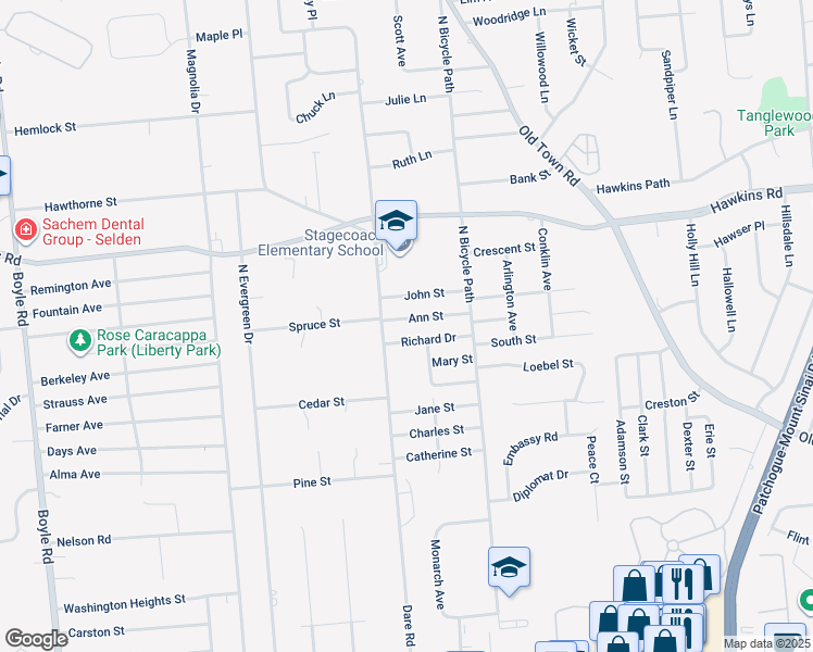 map of restaurants, bars, coffee shops, grocery stores, and more near 12 Ann Street in Selden