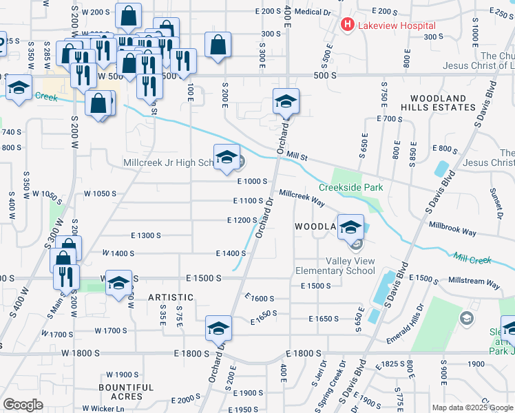 map of restaurants, bars, coffee shops, grocery stores, and more near 328 East 1100 South in Bountiful