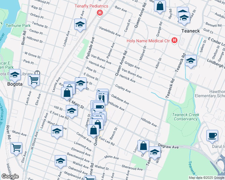 map of restaurants, bars, coffee shops, grocery stores, and more near 453 Queen Anne Road in Teaneck