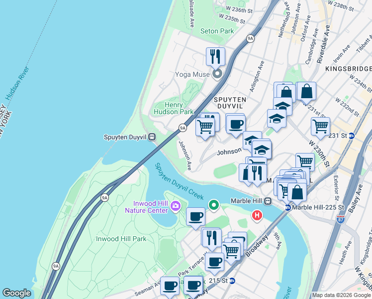 map of restaurants, bars, coffee shops, grocery stores, and more near in The Bronx