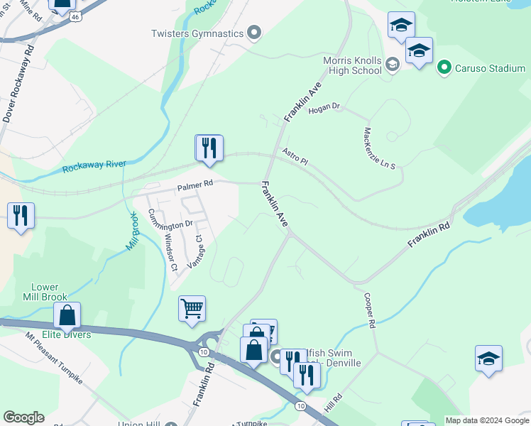 map of restaurants, bars, coffee shops, grocery stores, and more near 1 Minor Court in Denville