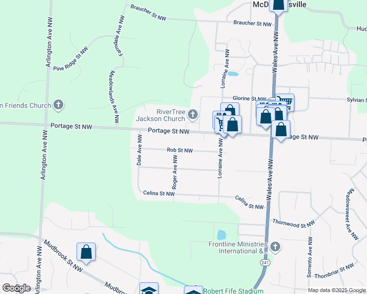 map of restaurants, bars, coffee shops, grocery stores, and more near 7415 Rob Street Northwest in Massillon