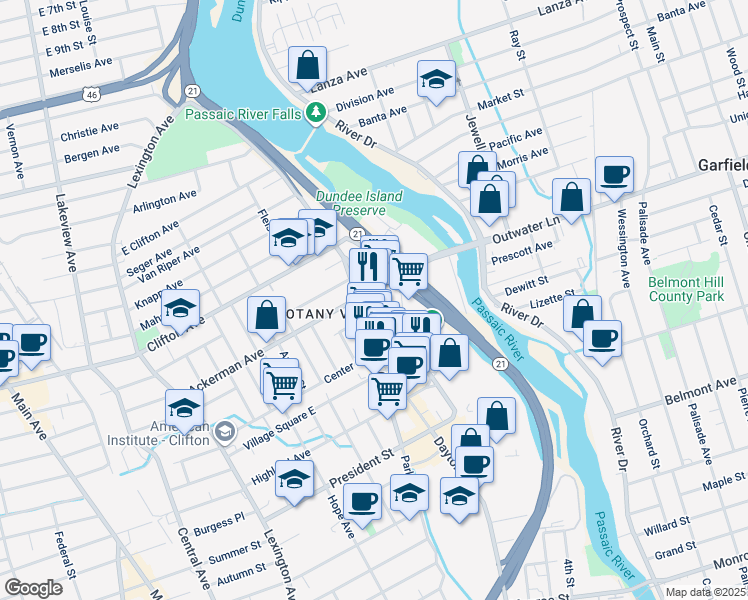 map of restaurants, bars, coffee shops, grocery stores, and more near 93 Randolph Avenue in Clifton