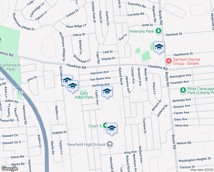 map of restaurants, bars, coffee shops, grocery stores, and more near 28 Jackson Avenue in Centereach