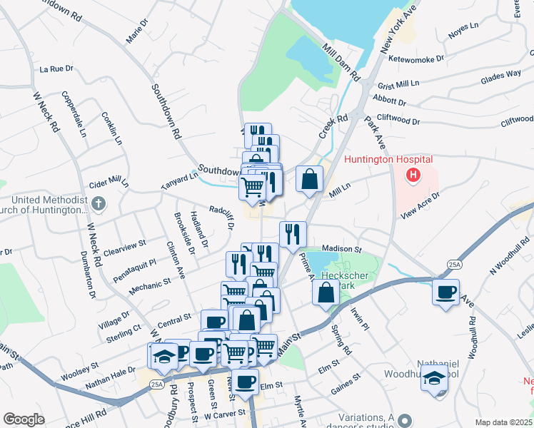 map of restaurants, bars, coffee shops, grocery stores, and more near 206 Wall Street in Huntington