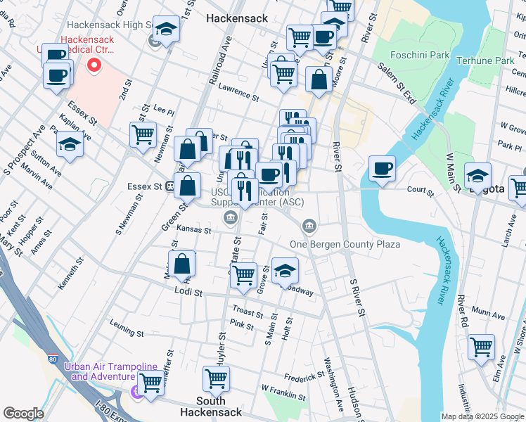 map of restaurants, bars, coffee shops, grocery stores, and more near 33 Essex Street in Hackensack