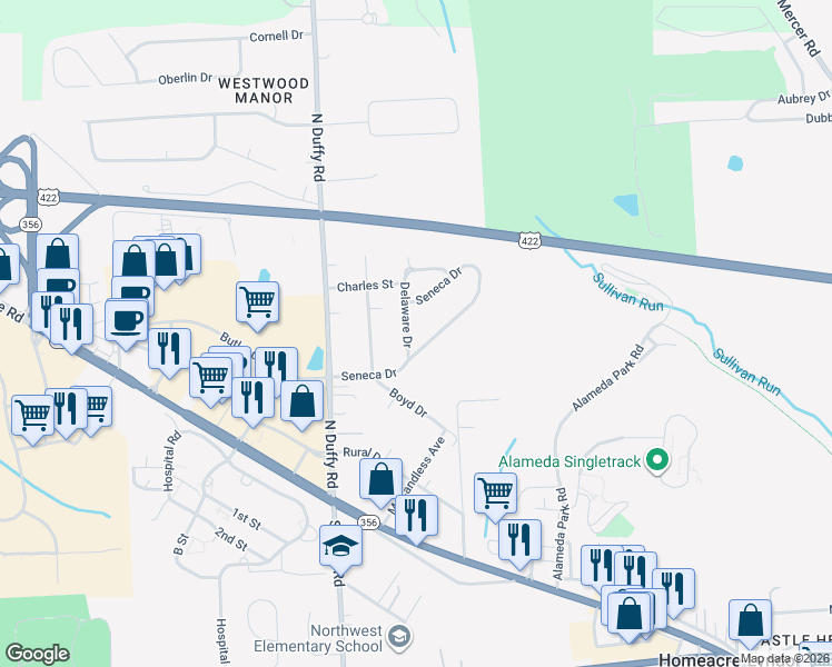 map of restaurants, bars, coffee shops, grocery stores, and more near 160 Seneca Drive in Butler