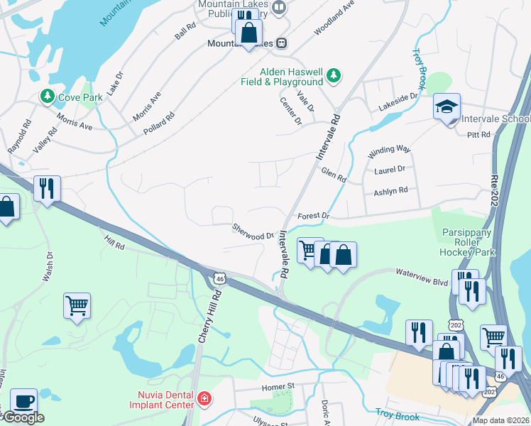 map of restaurants, bars, coffee shops, grocery stores, and more near 6 Craven Road in Mountain Lakes