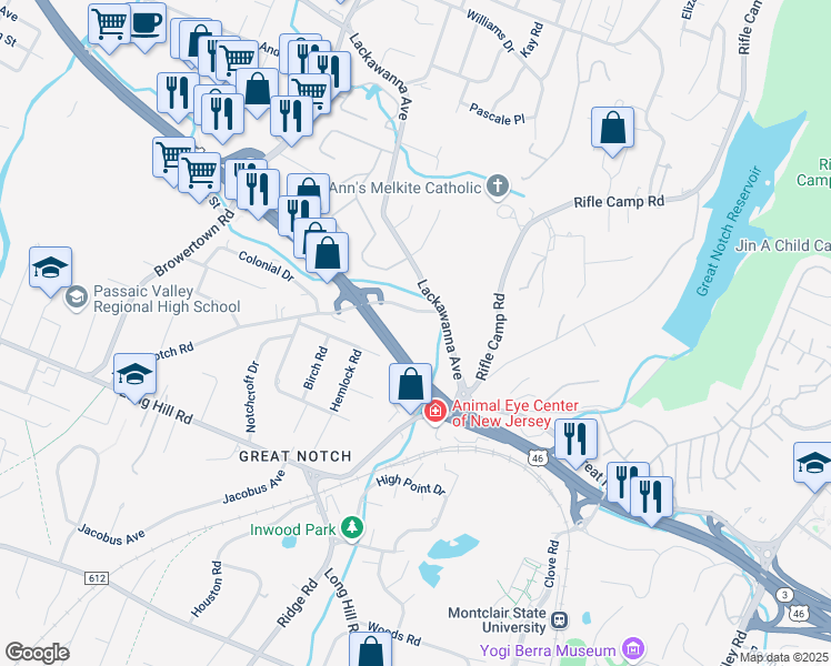 map of restaurants, bars, coffee shops, grocery stores, and more near 590-608 Lackawanna Avenue in Woodland Park