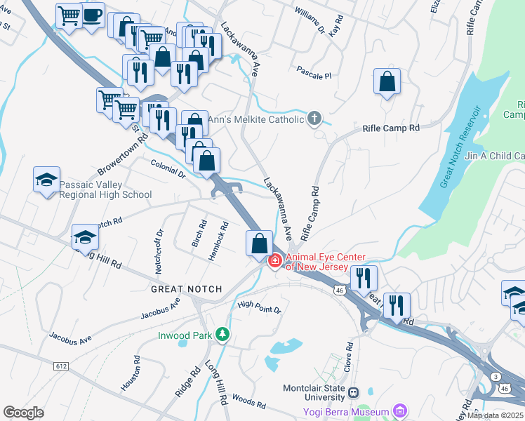 map of restaurants, bars, coffee shops, grocery stores, and more near 590-608 Lackawanna Avenue in Woodland Park