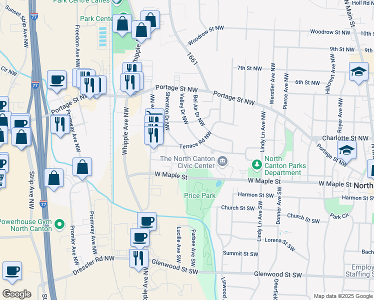 map of restaurants, bars, coffee shops, grocery stores, and more near 1176 Terrace Road Northwest in North Canton