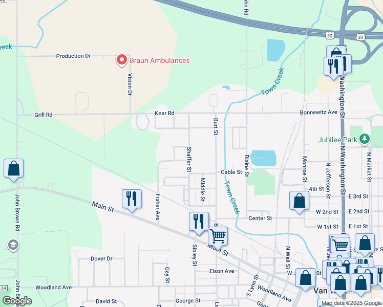 map of restaurants, bars, coffee shops, grocery stores, and more near 444 Shaffer Street in Van Wert
