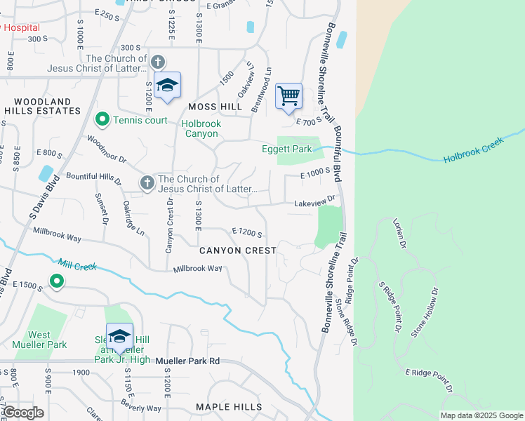 map of restaurants, bars, coffee shops, grocery stores, and more near 1149 South 1500 East in Bountiful