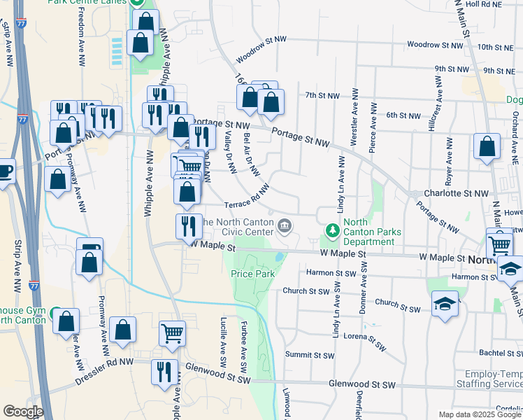 map of restaurants, bars, coffee shops, grocery stores, and more near 1038 Valley Drive Northwest in North Canton