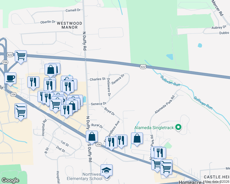 map of restaurants, bars, coffee shops, grocery stores, and more near 160 Seneca Drive in Butler