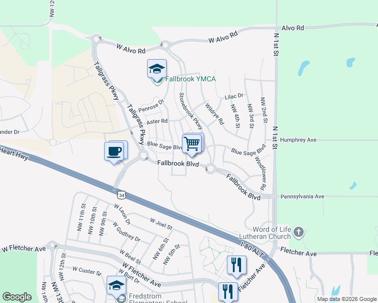 map of restaurants, bars, coffee shops, grocery stores, and more near 591 Blue Sage Boulevard in Lincoln