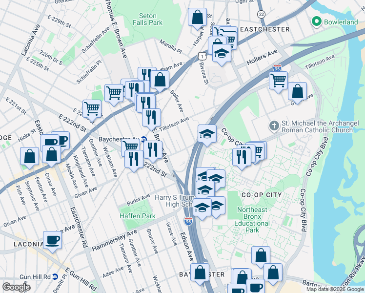 map of restaurants, bars, coffee shops, grocery stores, and more near 3303 Palmer Avenue in The Bronx