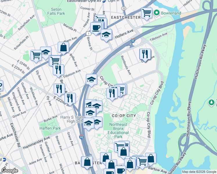 map of restaurants, bars, coffee shops, grocery stores, and more near in The Bronx