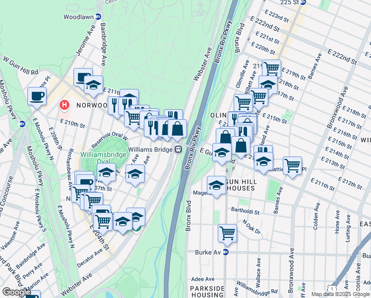 map of restaurants, bars, coffee shops, grocery stores, and more near 598 East Gun Hill Road in Bronx
