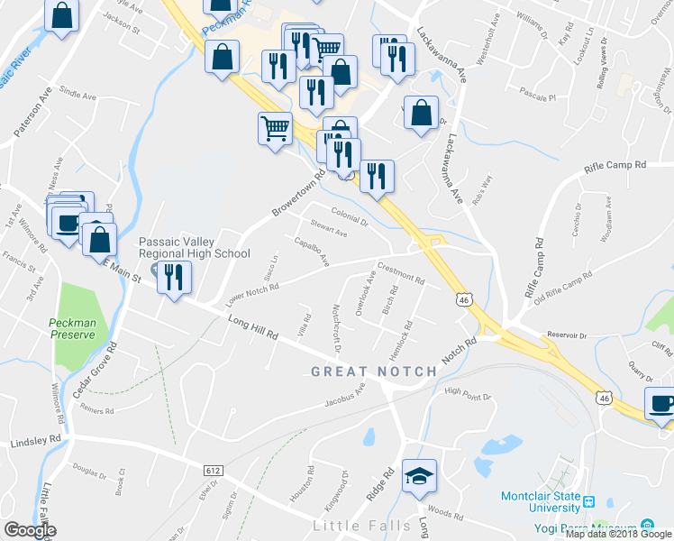 map of restaurants, bars, coffee shops, grocery stores, and more near 124 Lower Notch Road in Little Falls