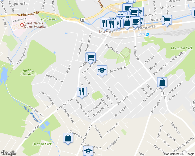 map of restaurants, bars, coffee shops, grocery stores, and more near 58 Madison Street in Dover