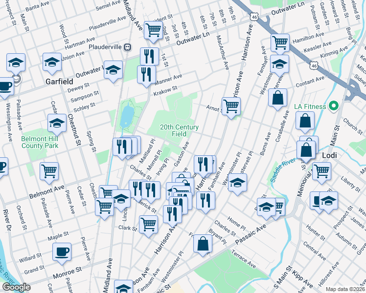 map of restaurants, bars, coffee shops, grocery stores, and more near 91 Elizabeth Street in Garfield