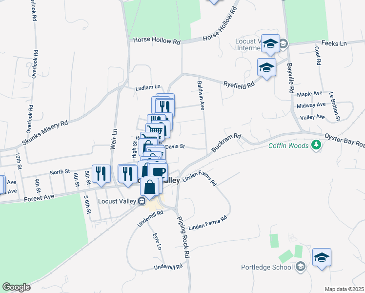 map of restaurants, bars, coffee shops, grocery stores, and more near Davis Street in Locust Valley