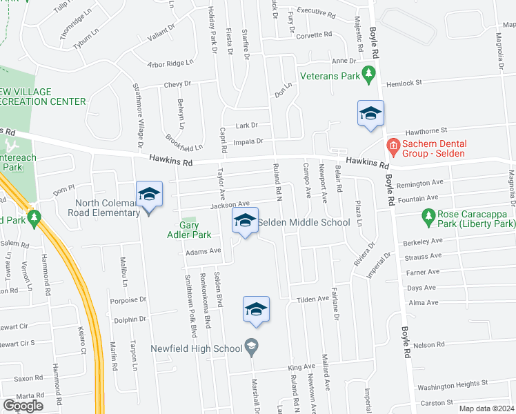 map of restaurants, bars, coffee shops, grocery stores, and more near 28 Jackson Avenue in Centereach