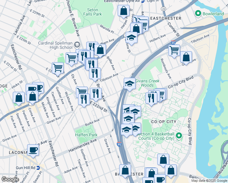 map of restaurants, bars, coffee shops, grocery stores, and more near 3303 Palmer Avenue in The Bronx