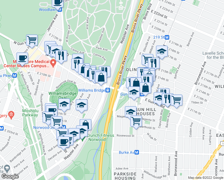 map of restaurants, bars, coffee shops, grocery stores, and more near 598 East Gun Hill Road in Bronx