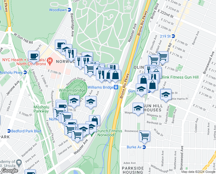 map of restaurants, bars, coffee shops, grocery stores, and more near in The Bronx