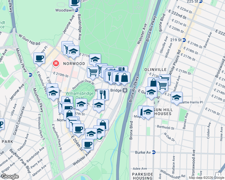 map of restaurants, bars, coffee shops, grocery stores, and more near 3346 Hull Avenue in Bronx