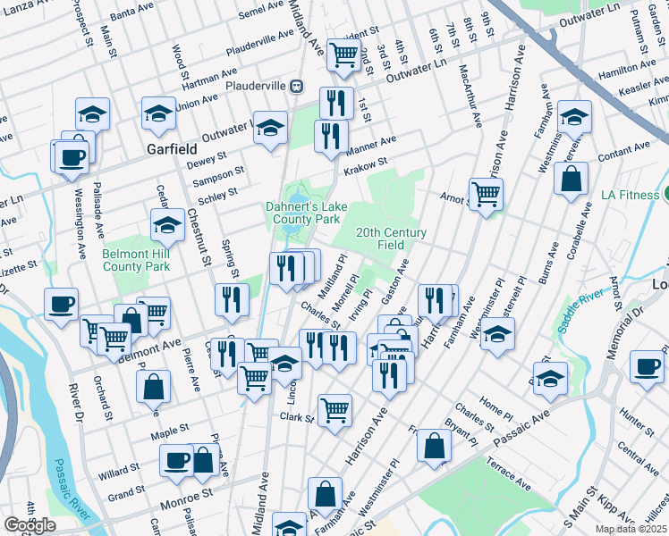 map of restaurants, bars, coffee shops, grocery stores, and more near 14 Karl Place in Garfield