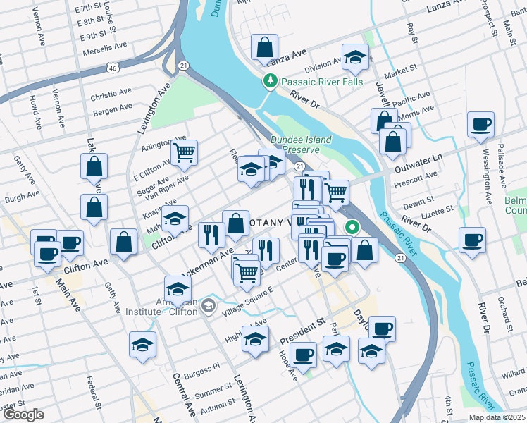 map of restaurants, bars, coffee shops, grocery stores, and more near 52 Sherman Place in Clifton