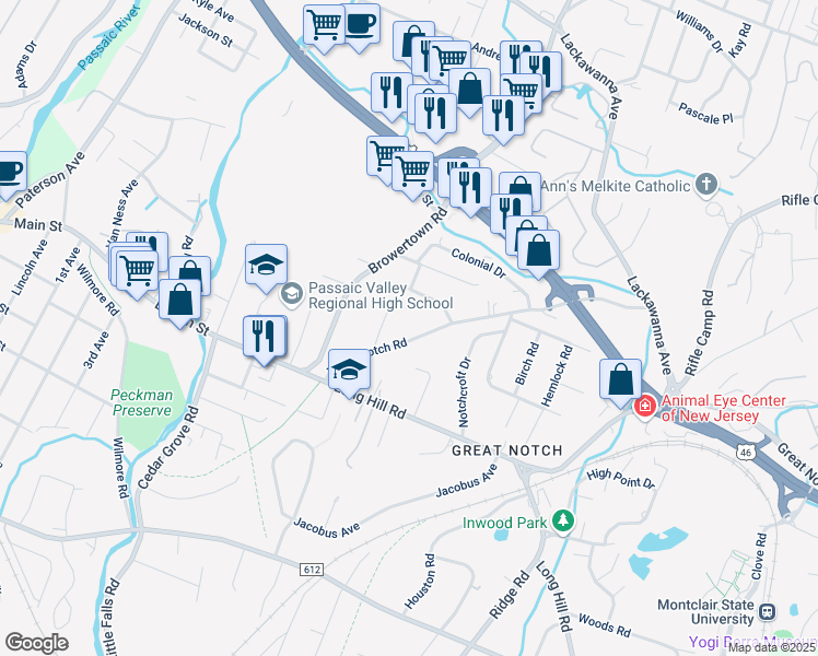map of restaurants, bars, coffee shops, grocery stores, and more near 93 Lower Notch Road in Little Falls