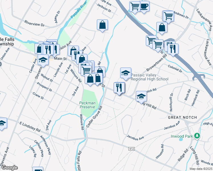 map of restaurants, bars, coffee shops, grocery stores, and more near 134 East Main Street in Little Falls