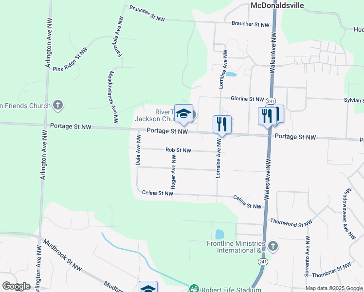 map of restaurants, bars, coffee shops, grocery stores, and more near 7415 Rob Street Northwest in Massillon