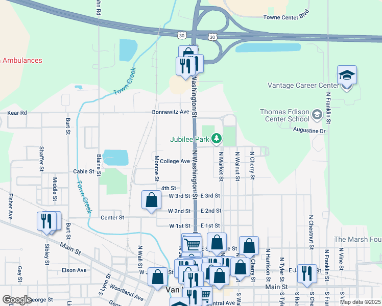 map of restaurants, bars, coffee shops, grocery stores, and more near 681 North Washington Street in Van Wert