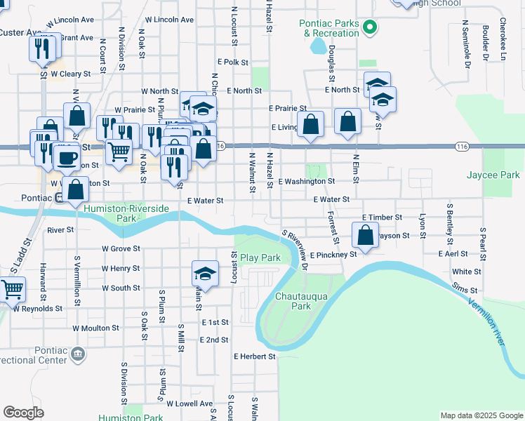 map of restaurants, bars, coffee shops, grocery stores, and more near 501 North Christina Drive in Pontiac