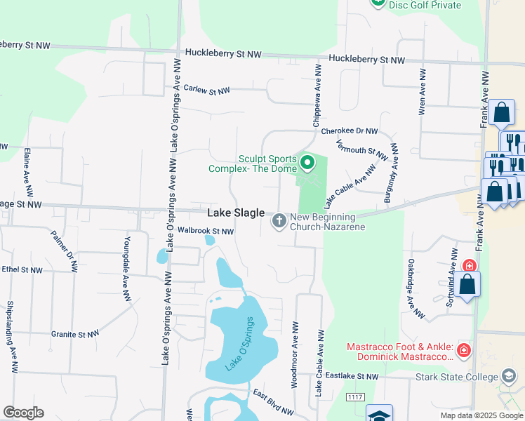 map of restaurants, bars, coffee shops, grocery stores, and more near 5733 Portage Street Northwest in North Canton