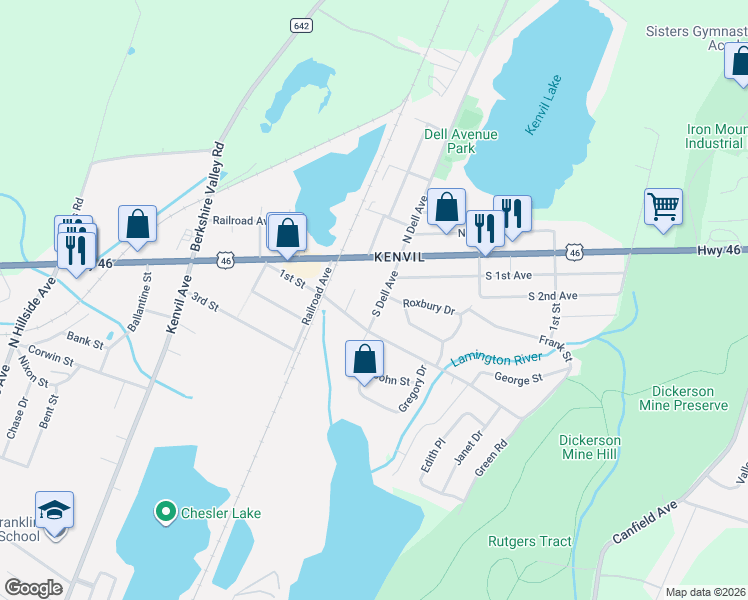 map of restaurants, bars, coffee shops, grocery stores, and more near 11 South Dell Avenue in Roxbury Township