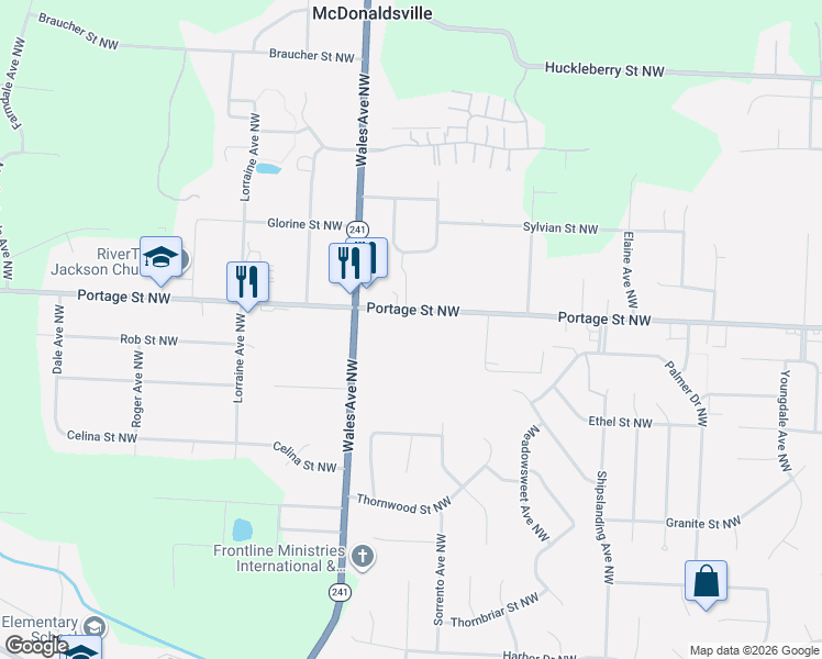 map of restaurants, bars, coffee shops, grocery stores, and more near 6842 Portage Street Northwest in North Canton
