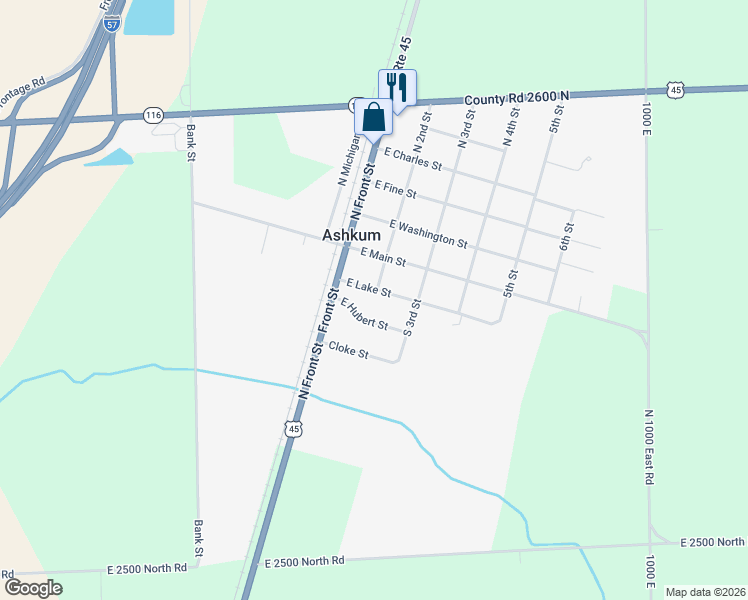 map of restaurants, bars, coffee shops, grocery stores, and more near 114 East Lake Street in Ashkum