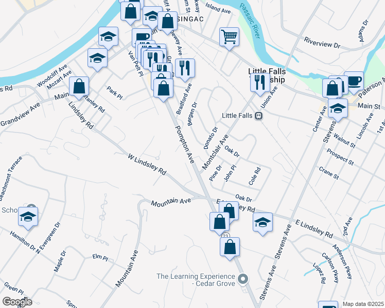 map of restaurants, bars, coffee shops, grocery stores, and more near 1359 Pompton Avenue in Cedar Grove