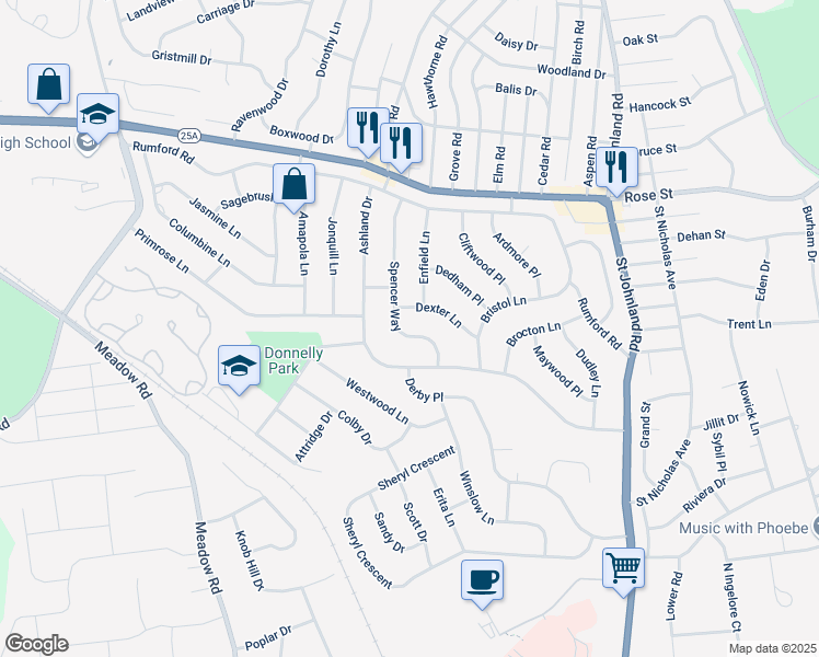map of restaurants, bars, coffee shops, grocery stores, and more near 17 Spencer Way in Kings Park