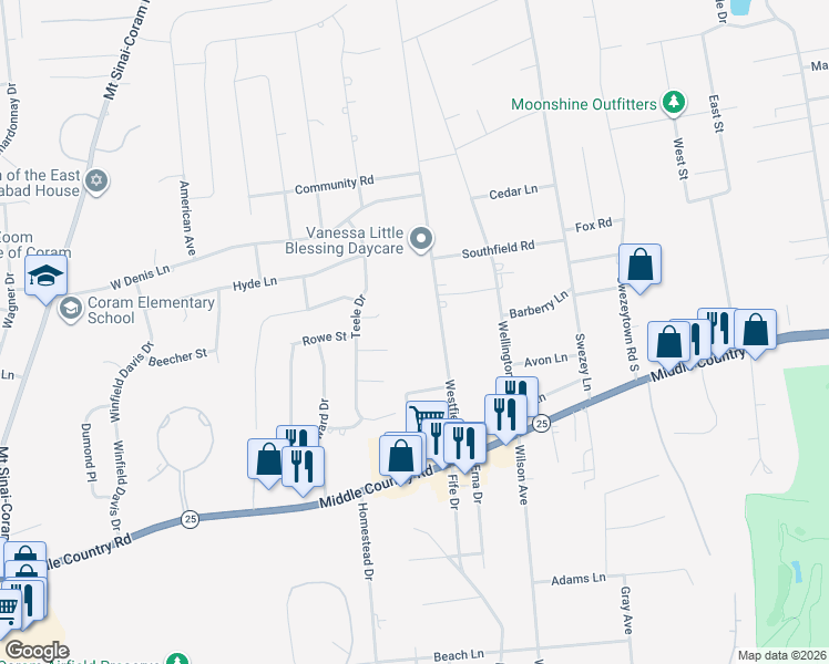 map of restaurants, bars, coffee shops, grocery stores, and more near 26 Westfield Rd in Coram