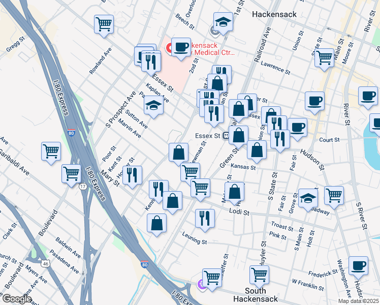 map of restaurants, bars, coffee shops, grocery stores, and more near 71 South Newman Street in Hackensack