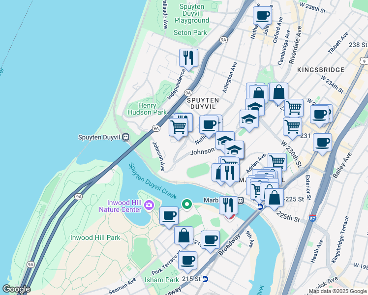 map of restaurants, bars, coffee shops, grocery stores, and more near 555 Kappock Street in Bronx