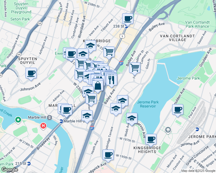 map of restaurants, bars, coffee shops, grocery stores, and more near 162 West 231st Street in Bronx