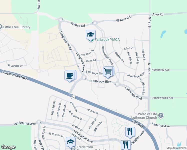 map of restaurants, bars, coffee shops, grocery stores, and more near 700 Fallbrook Boulevard in Lincoln